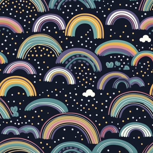 Ein schwarzer Hintergrund mit einem Regenbogen- und Wolkenmuster, generative KI