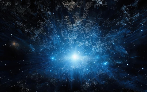 ein schwarzer Hintergrund mit einem Schuss blaues Licht und einigen Sternen im Stil einer voluminösen Masse