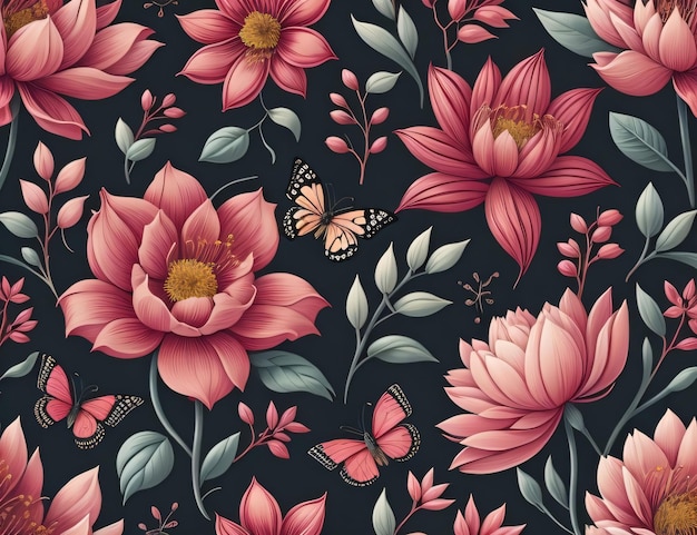 Ein schwarzer Hintergrund mit einer rosa Blume und einem Schmetterling darauf.