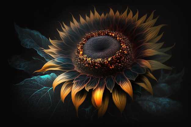 Ein schwarzer Hintergrund mit einer Sonnenblume mit goldenen und orangefarbenen Akzenten, generative KI