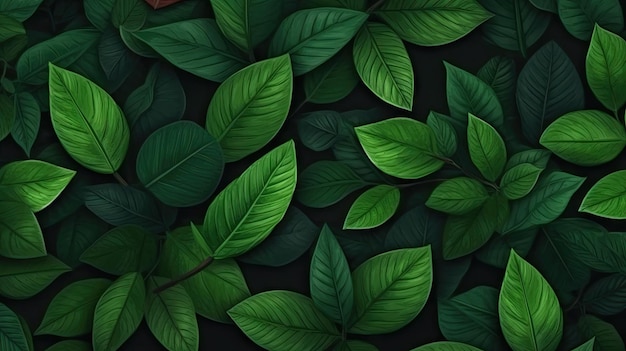 Ein schwarzer Hintergrund mit grünen Blättern und dem Wort Baum darauf.