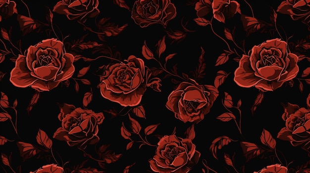 Ein schwarzer Hintergrund mit roten Rosen und Blättern.