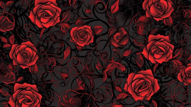 Ein schwarzer Hintergrund mit roten Rosen und schwarzen Wirbeln.