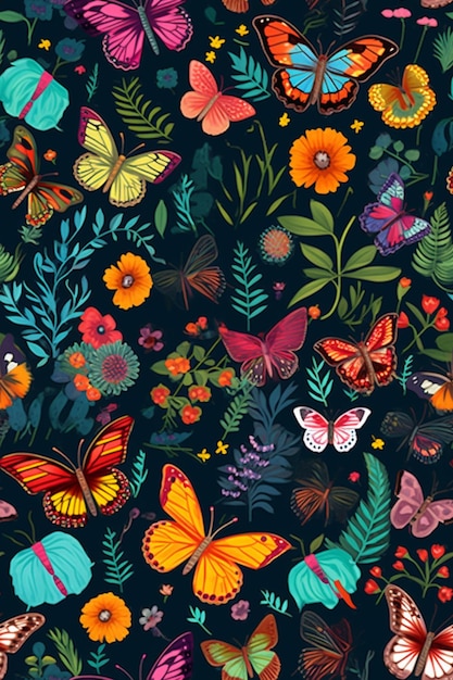 Ein schwarzer Hintergrund mit Schmetterlingen und Blumen.