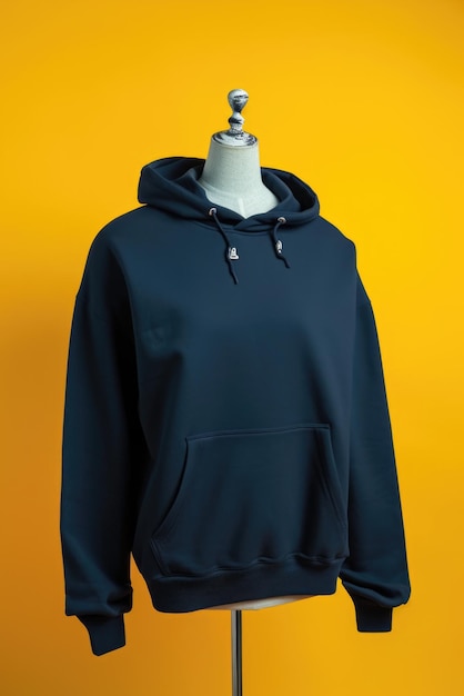 Ein schwarzer Hoodie auf einem Mannequin auf einem gelben Hintergrund