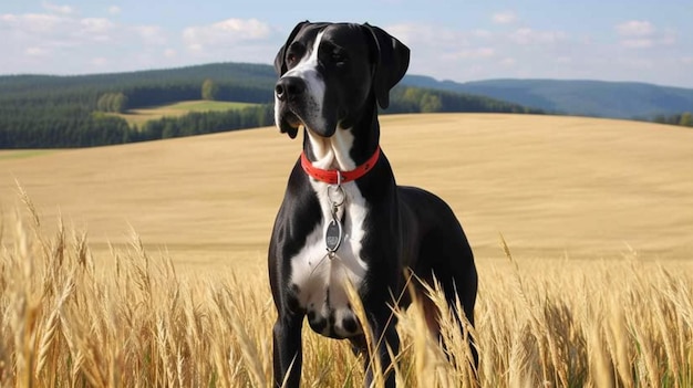 Ein schwarzer Hund auf einem Feld mit einem goldenen Feld im Hintergrund