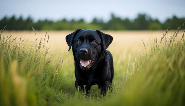 Ein schwarzer Hund auf einem Feld
