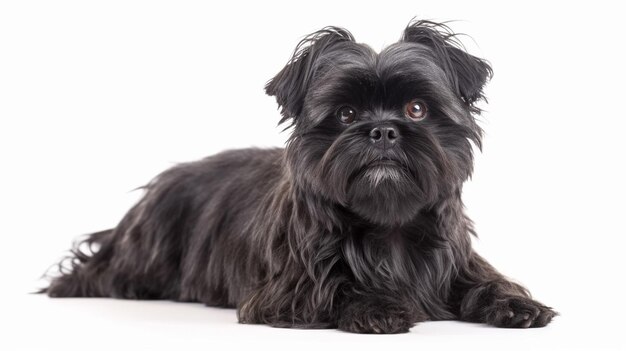 Ein schwarzer Hund mit braunem Auge liegt.