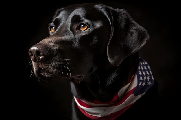 Foto ein schwarzer hund mit einem rot-weiß-blauen halstuch, auf dem „amerikanische flagge“ steht