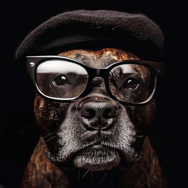 ein schwarzer Hund mit Hut und Brille