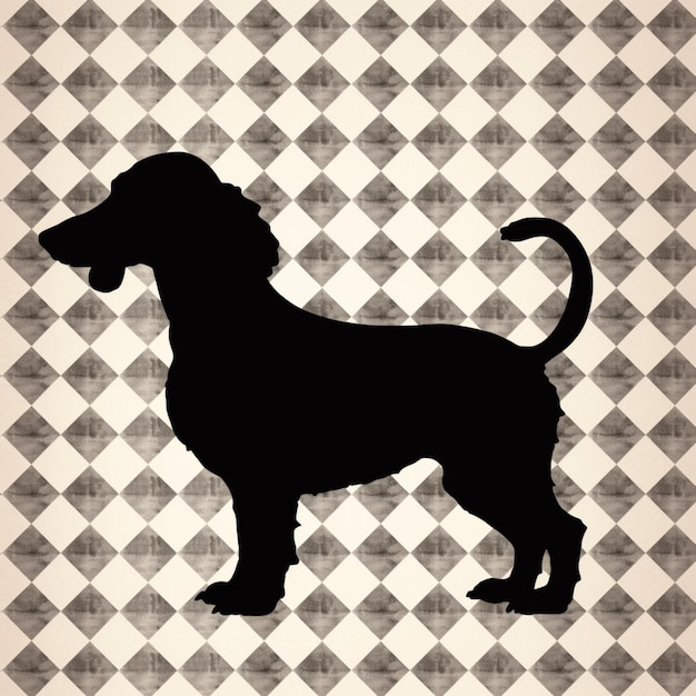 Foto ein schwarzer hund mit weißem hintergrund und schwarzen und weißen quadraten.