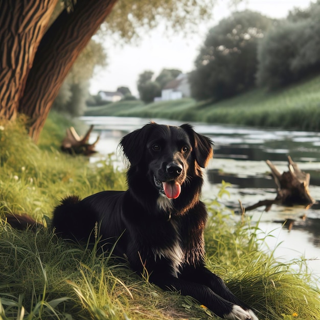 Ein schwarzer Hund sitzt auf dem Gras in der Nähe eines Flusses