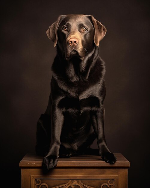 Ein schwarzer Hund sitzt auf einer Holzkiste mit dunklem Hintergrund.