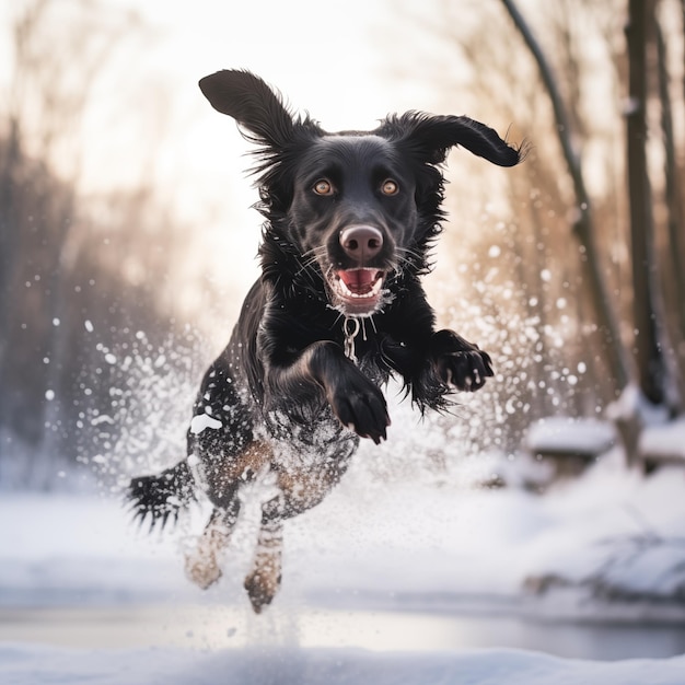 ein schwarzer Hund springt in einem schneebedeckten Eisgebiet und lacht