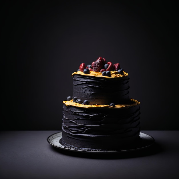 Ein schwarzer Kuchen mit Blaubeeren und roten Beeren obendrauf.
