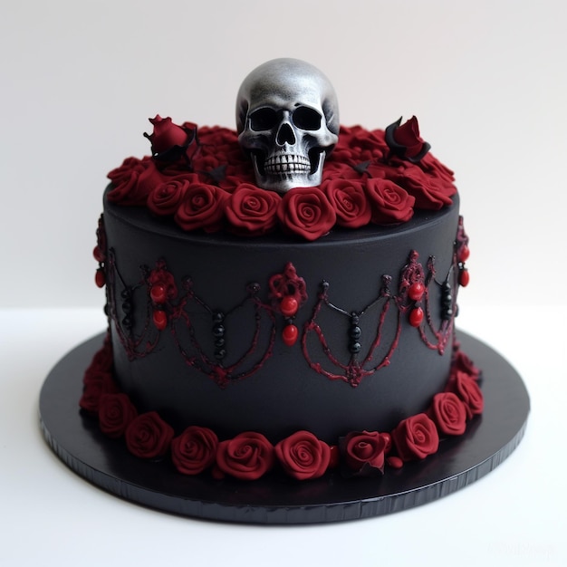 ein schwarzer Kuchen mit einem Totenkopf und Rosen darauf