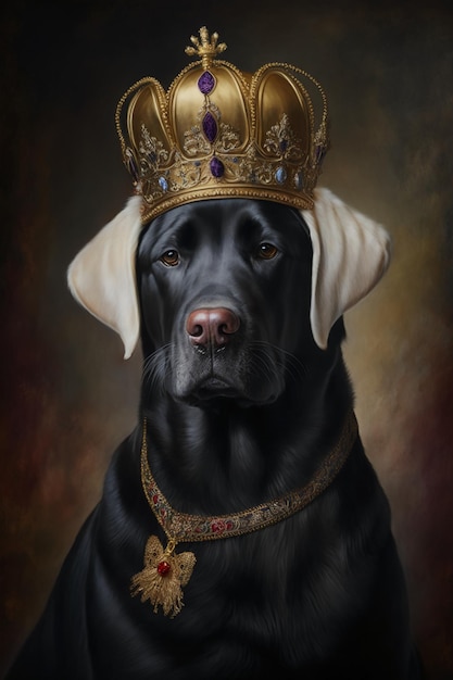 Ein schwarzer Labrador-Hund, der eine Krone trägt.