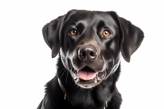 Ein schwarzer Labrador-Retriever lächelt auf weißem Hintergrund.