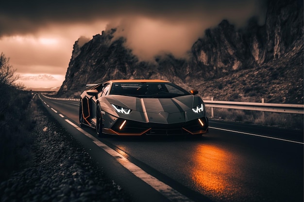 Ein schwarzer Lamborghini auf einer Straße mit eingeschaltetem Licht