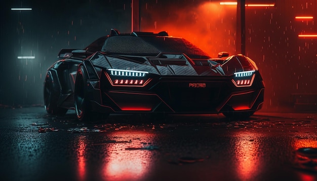 Ein schwarzer Lamborghini mit rotem Licht vorne.
