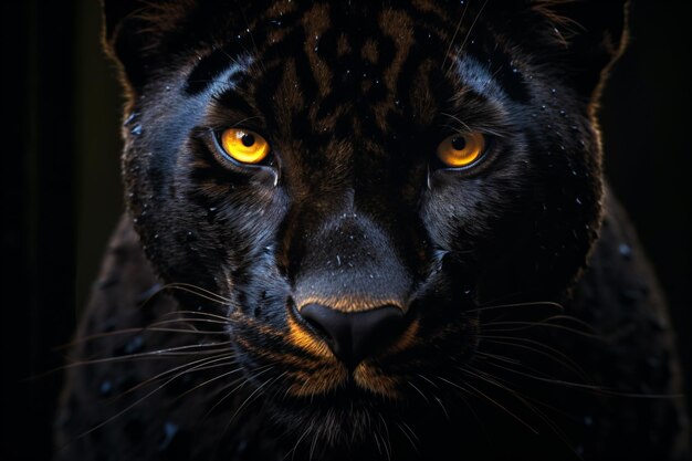 ein schwarzer Leopard mit gelben Augen starrt auf die Kamera