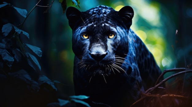 ein schwarzer Leopard mit gelben Augen wird im Dschungel gesehen.