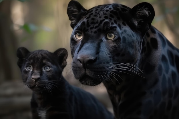 Ein schwarzer Leopard und sein Junges schauen in die Kamera.