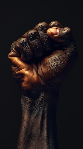 Ein schwarzer Mann hob seine Hände in die Luft, um das Gerechtigkeitsprotestkonzept in „Black History“ zu demonstrieren
