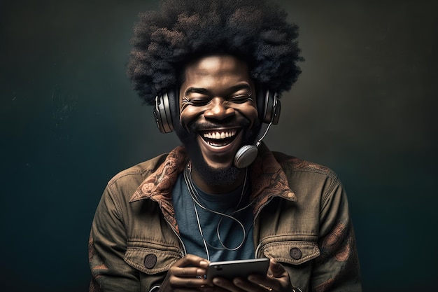 Ein schwarzer Mann mit Afro-Haaren, der Kopfhörer trägt und lacht, während er die generative KI des Smartphones verwendet