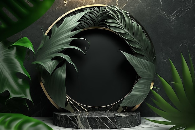 Ein schwarzer Marmorsockel mit einem schwarzen Kreis mit einer grünen Blattszene darauf Generative Ai