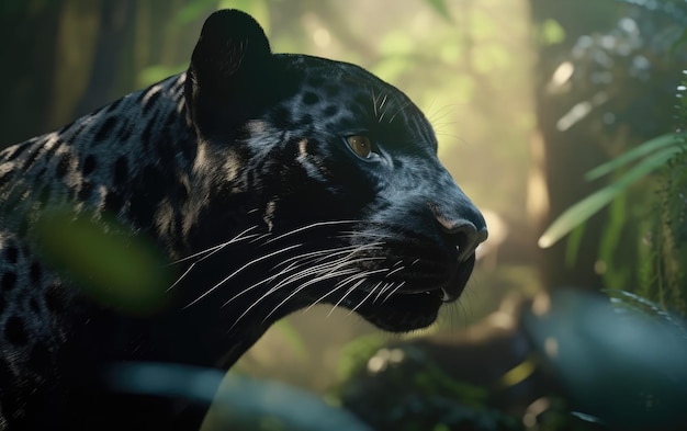 Ein schwarzer Panther aus nächster Nähe auf einem Regenwald-Dschungel-Hintergrund wildes Tier ai generiert