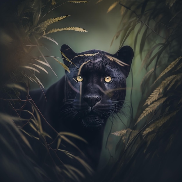 Ein schwarzer Panther ist im Dunkeln umgeben von Pflanzen und die Sonne scheint.