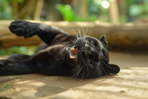 Ein schwarzer Panther mit einer spielerischen Wendung, der in einem lustigen Moment erwischt wurde