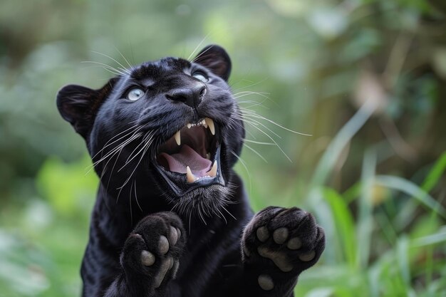 Ein schwarzer Panther mit einer spielerischen Wendung, der in einem lustigen Moment erwischt wurde