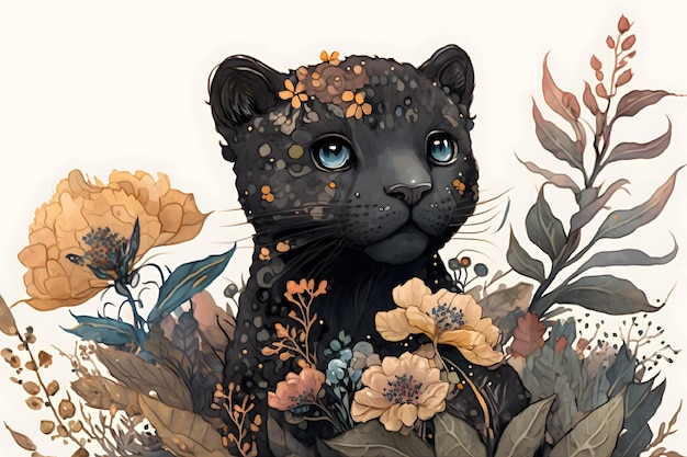 Ein schwarzer Panther sitzt inmitten von Blumen in einem Blumenarrangement.