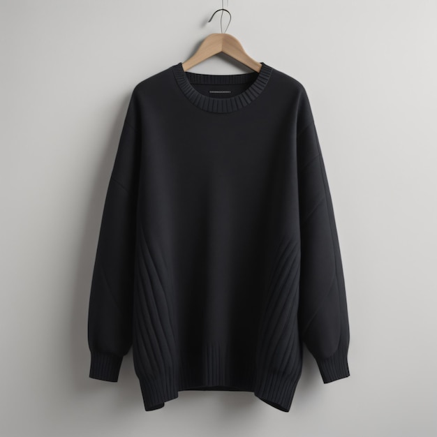 Ein schwarzer Pullover hängt an einem Kleiderbügel und ein schwarzer Pullover hängt an einer weißen Wand.