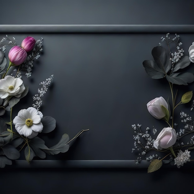 Ein schwarzer Rahmen mit Blumen und Blättern darauf und einer weißen Blume auf der Unterseite.