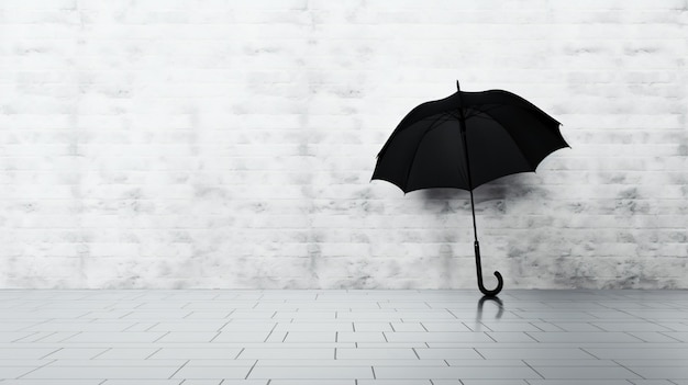 ein schwarzer Regenschirm sitzt auf einem weißen Boden