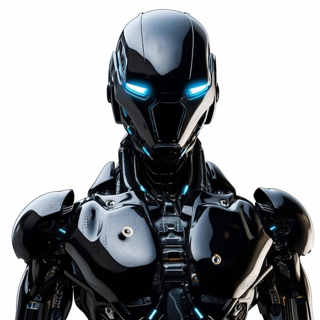 Ein schwarzer Roboter mit blauen Augen und weißem Hintergrund.