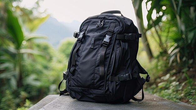 Ein schwarzer Rucksack mit der Aufschrift „Rucksack“ steht auf einer Bank in einem Garten.