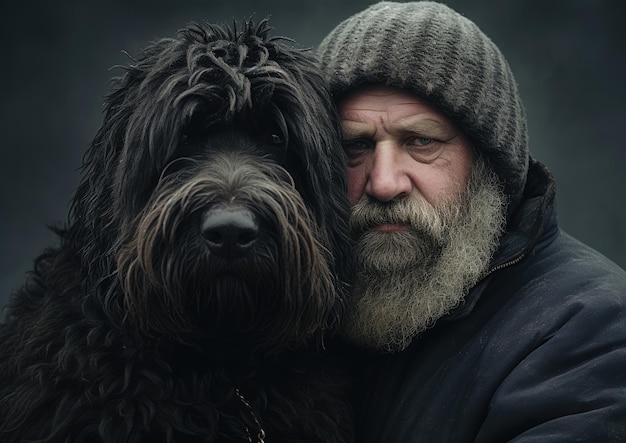 Ein schwarzer russischer Terrier verbindet sich durch einen sanften Blick mit seinem Besitzer