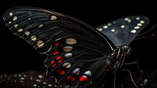 Ein schwarzer Schmetterling mit roten und weißen Flecken liegt auf einer schwarzen Oberfläche.