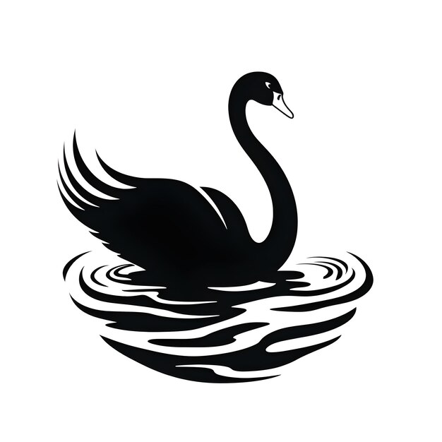 Ein schwarzer Schwan als Silhouette schwimmt im Wasser