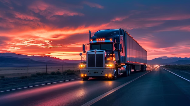 Ein schwarzer Semi-LKW auf einer Straße bei Sonnenuntergang