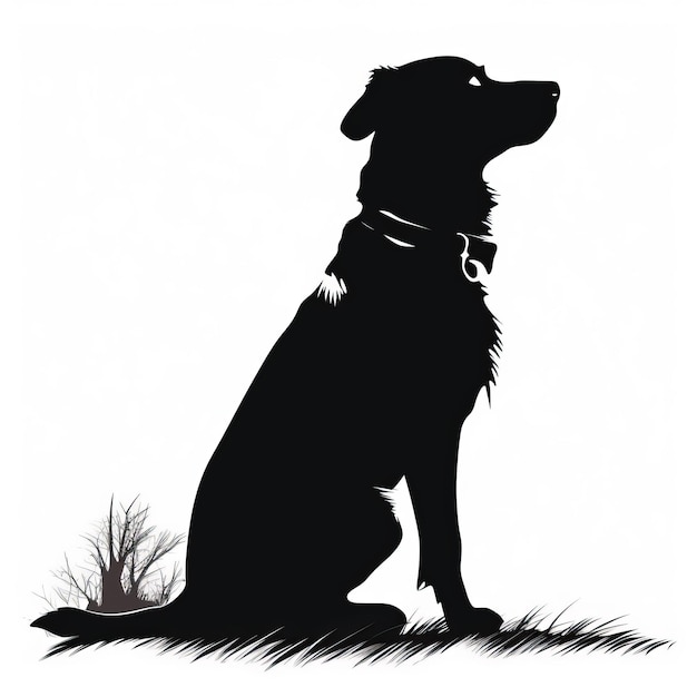 Ein schwarzer Silhouettenhund sitzt im Gras und schaut nach oben