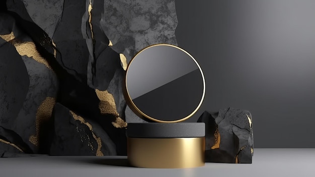 Ein schwarzer Sockel mit goldenen Akzenten, auf dem Schönheitskosmetikprodukte auf einem Steinpodest präsentiert werden, zeigt AI Generation