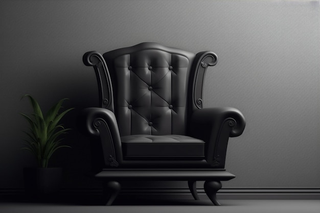 Ein schwarzer Stuhl in einem dunklen Raum mit einer Pflanze in der Ecke.