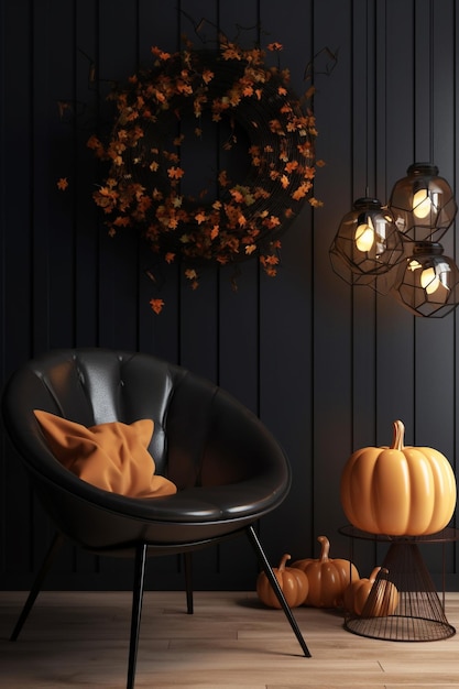 Ein schwarzer Stuhl mit einem Kürbis darauf und einem Blätterkranz an der Wand.