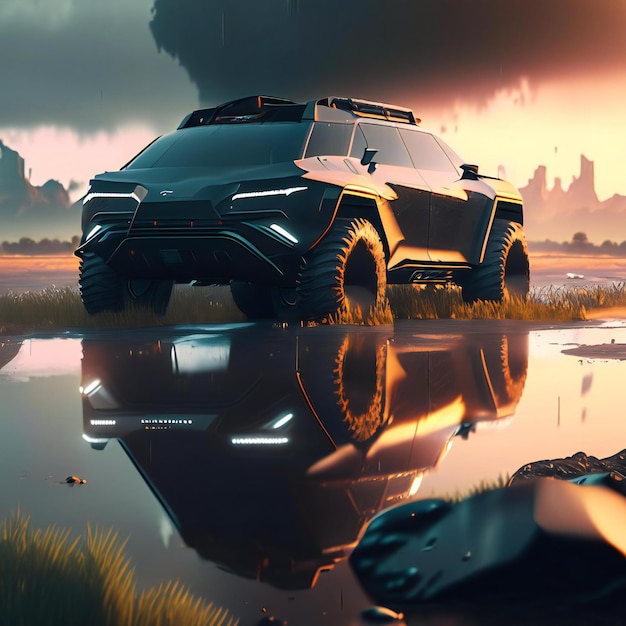 ein schwarzer SUV mit einer Reflexion eines Autos im Wasser.