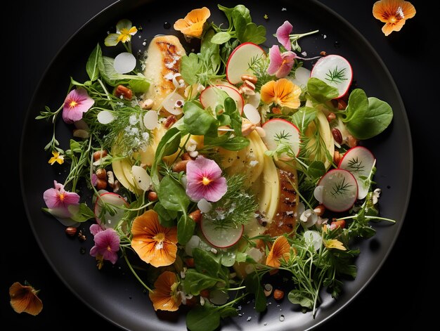 Ein schwarzer Teller mit einem Salat, bedeckt mit Obst und Gemüse, generatives KI-Bild